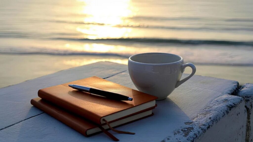 Notizbuch und Kaffee am Meer als Symbol für Reflexion, Vorbereitung und einen bewussten Start in die neue Woche