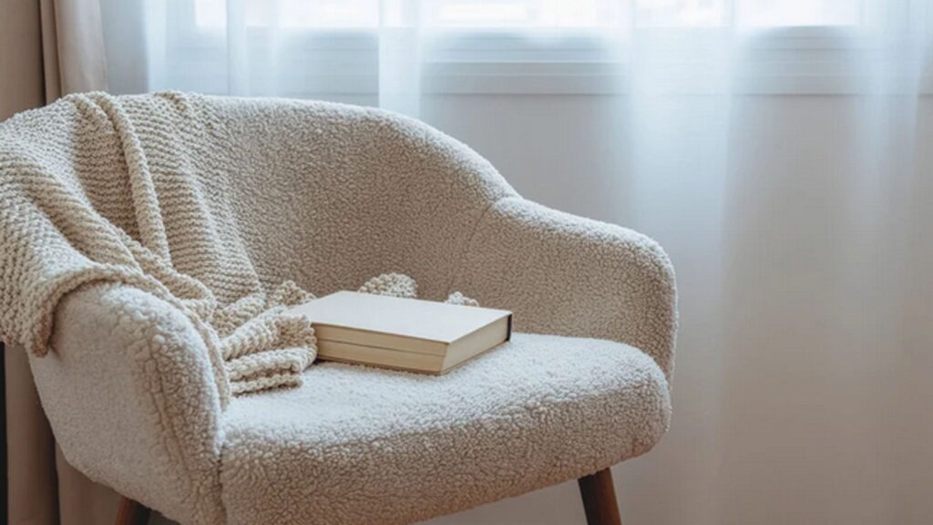 Gemütlicher Sessel mit Buch als Symbol für Ruhe, Nichtstun und bewusste Erholung am Wochenende